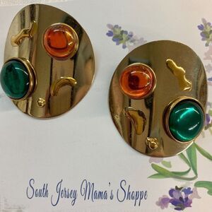 Vintage 1980s Clip Earrings Signed Shirly Gold Earrings Orange Green Bead (J167)